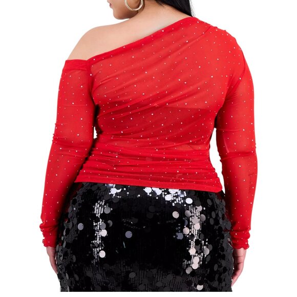 Bar III Trendy Plus Embellished Off-Shoulder Mesh Red Top 1X NWT - Picture 4 of 7